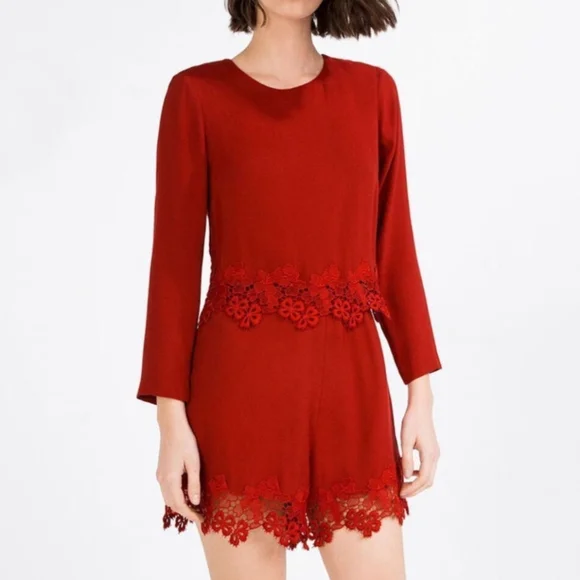 Zara Woman Red Lace Long Sleeve Romper Women's XS Romantic Holiday - Picture 2 of 11